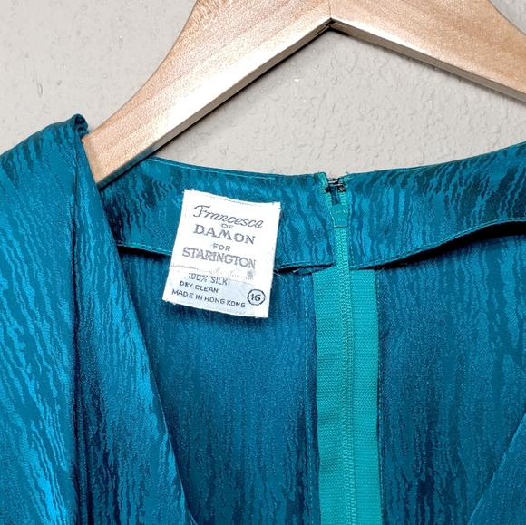 Vintage 80s Francesca of Damon by Starington Teal Dress Silk Dynasty Size 16 - Picture 4 of 10